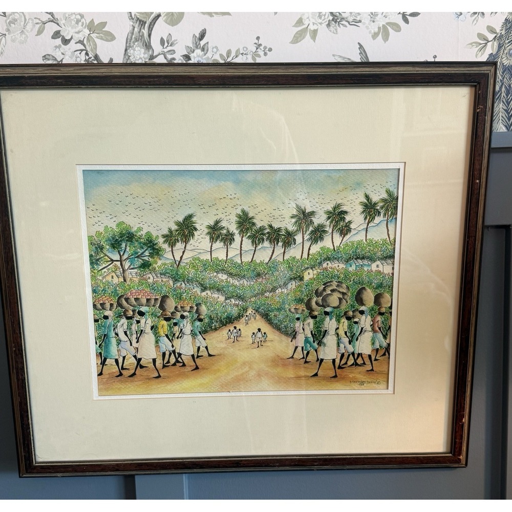 Vintage Haitian Watercolor Village Art Martino Dorcé Signed 22 x 19 Framed‎ 1989